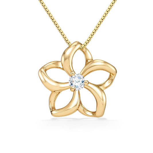 Elegant five-petal plumeria pendant with hollow petals, featuring a diamond nestled in the center. Item No. 40033