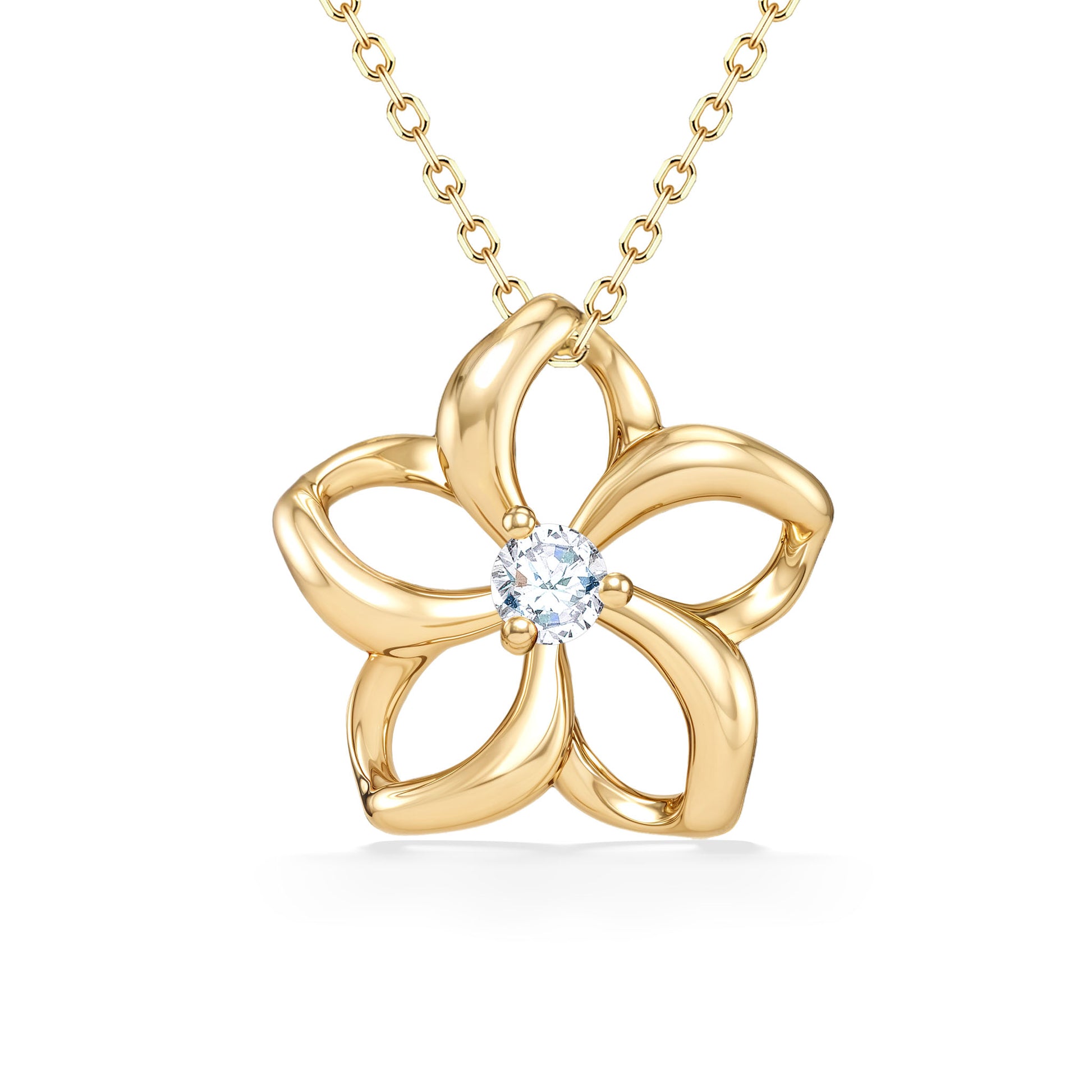 Elegant five-petal plumeria pendant with hollow petals, featuring a diamond nestled in the center. Item No. 40033