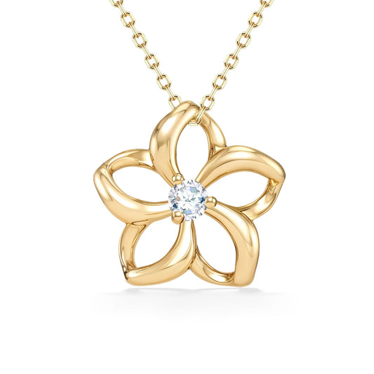 Elegant five-petal plumeria pendant with hollow petals, featuring a diamond nestled in the center. Item No. 40033