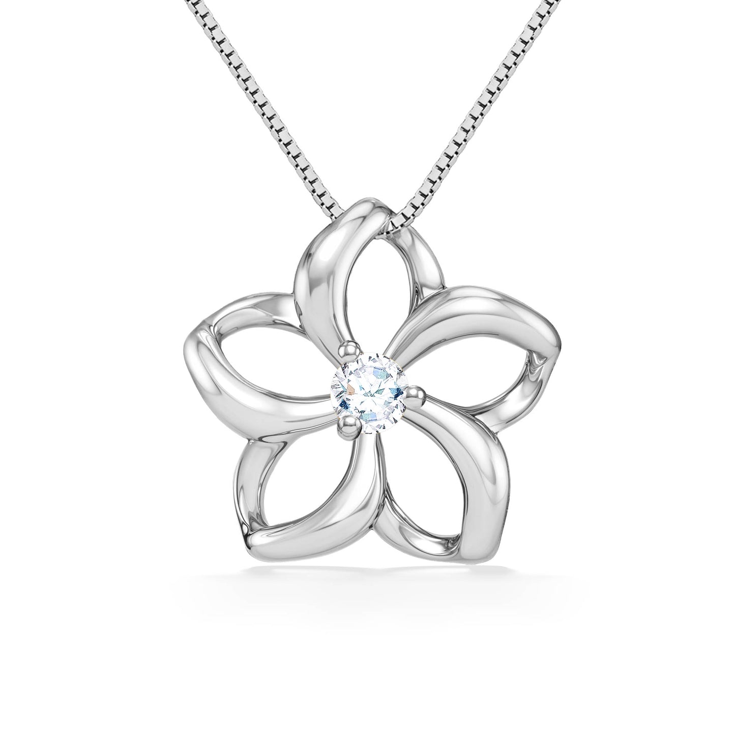 Modern flower outline of the plumeria silhouette in white gold, designed to highlight a diamond at its heart. Item No. 40034