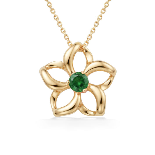 Floating Plumeria Pendant on chain with a 3mm Emerald center set in 14K Yellow Gold – Item No. 40035