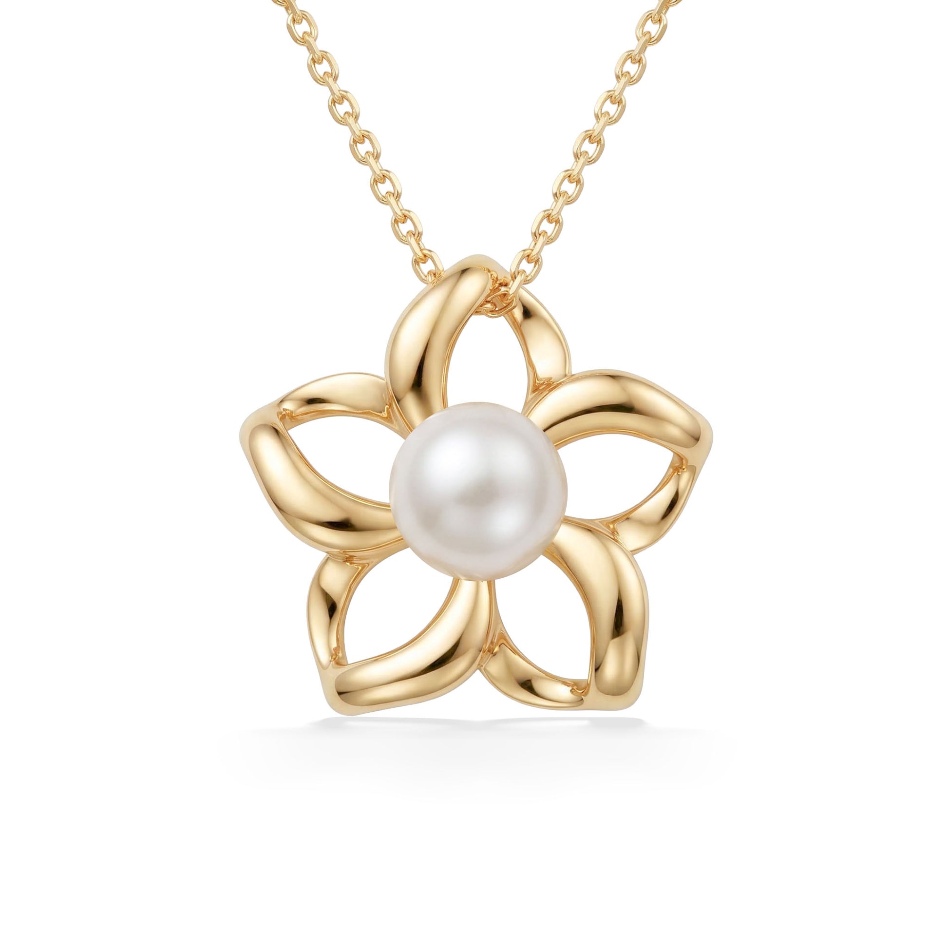 Gold plumeria pendant with curved, hollow petals and luminous center white akoya pearl. Item No. 40036