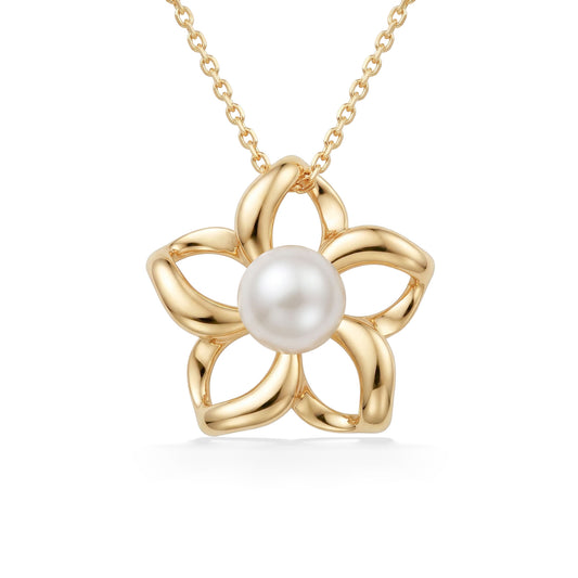Gold plumeria pendant with curved, hollow petals and luminous center white akoya pearl. Item No. 40036