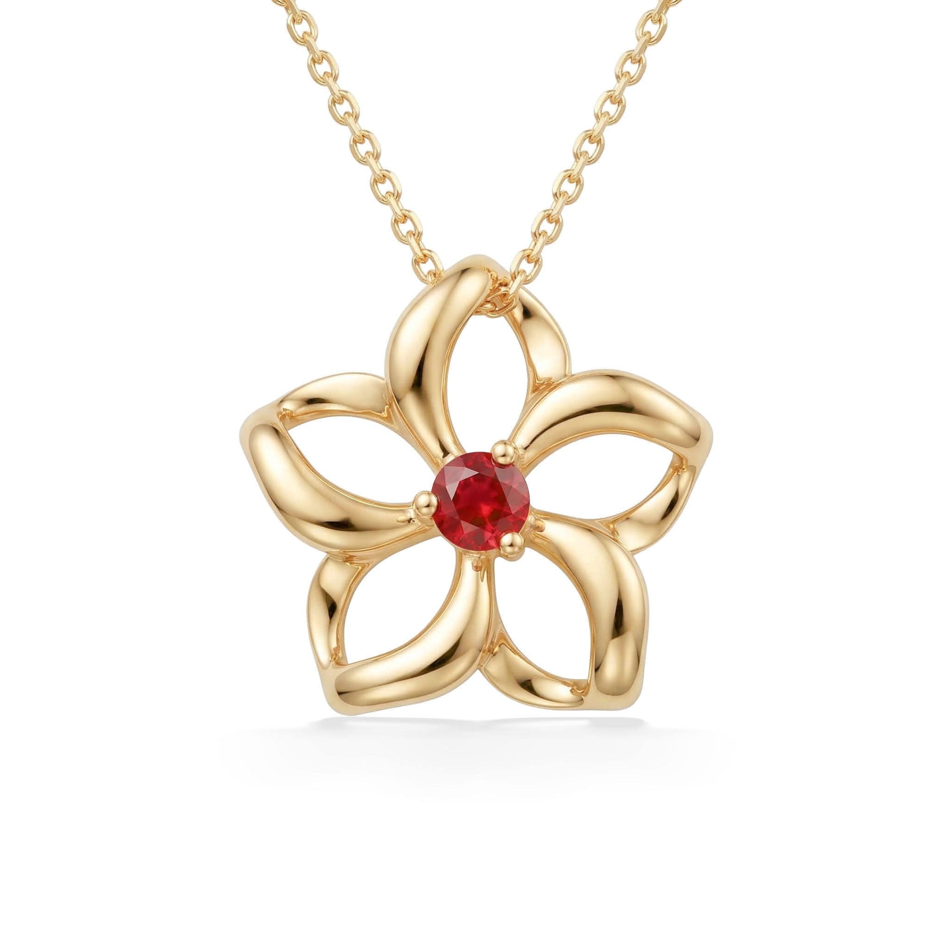 Ornate plumeria necklace featuring soft, sculptural petals and a vibrant ruby gemstone in the middle. Item No. 40037