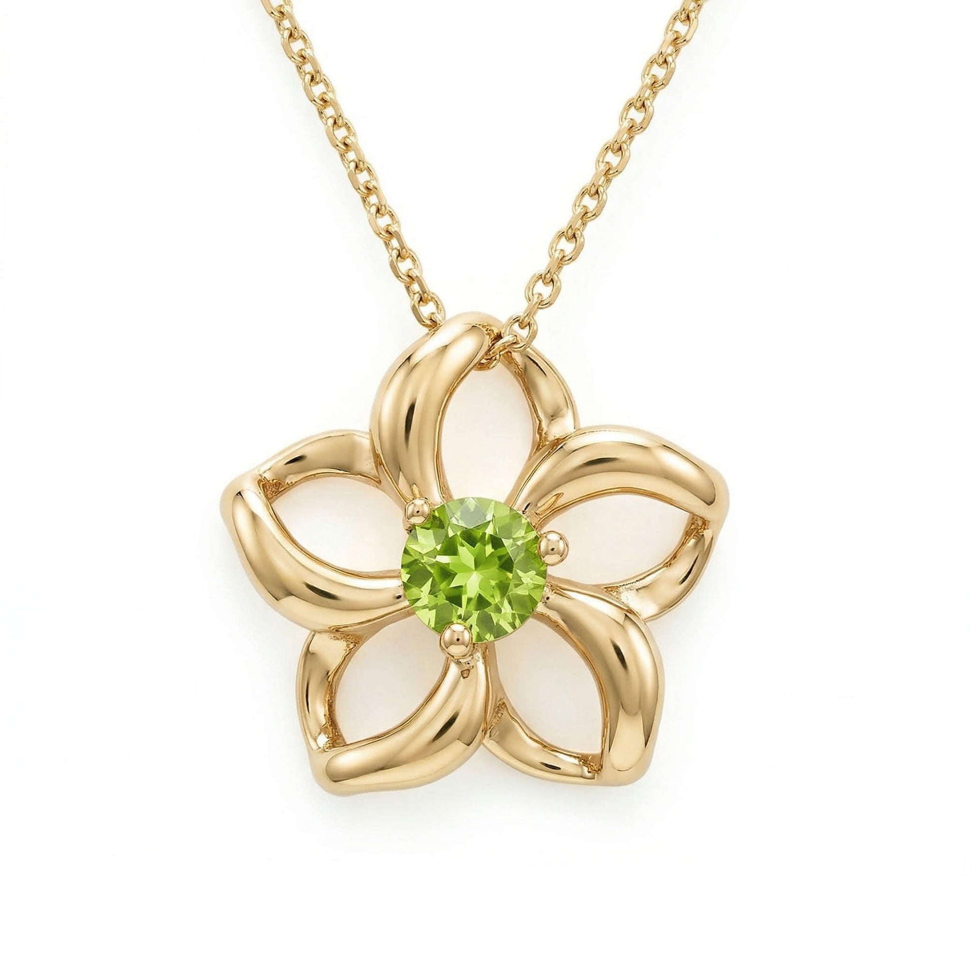 Modern plumeria pendant in gold, showcasing a central peridot gemstone and open petal design. Item No. 40038