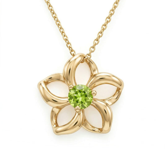 Modern plumeria pendant in gold, showcasing a central peridot gemstone and open petal design. Item No. 40038