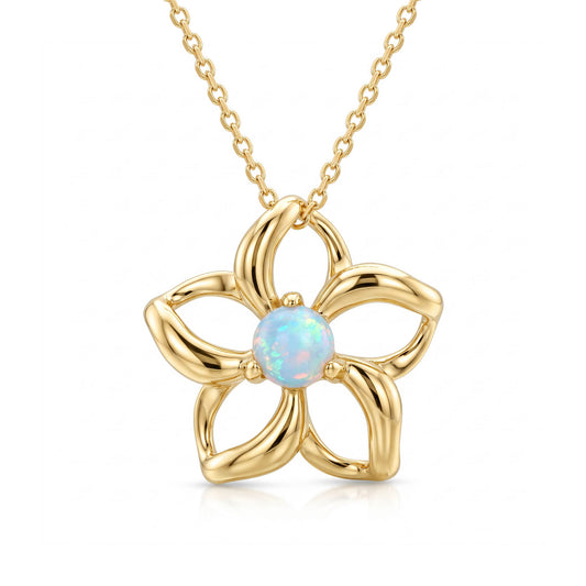 Plumeria inspired pendant with hollow petals in 14k yellow gold cradling a central iridescent opal gemstone. Item No. 40040