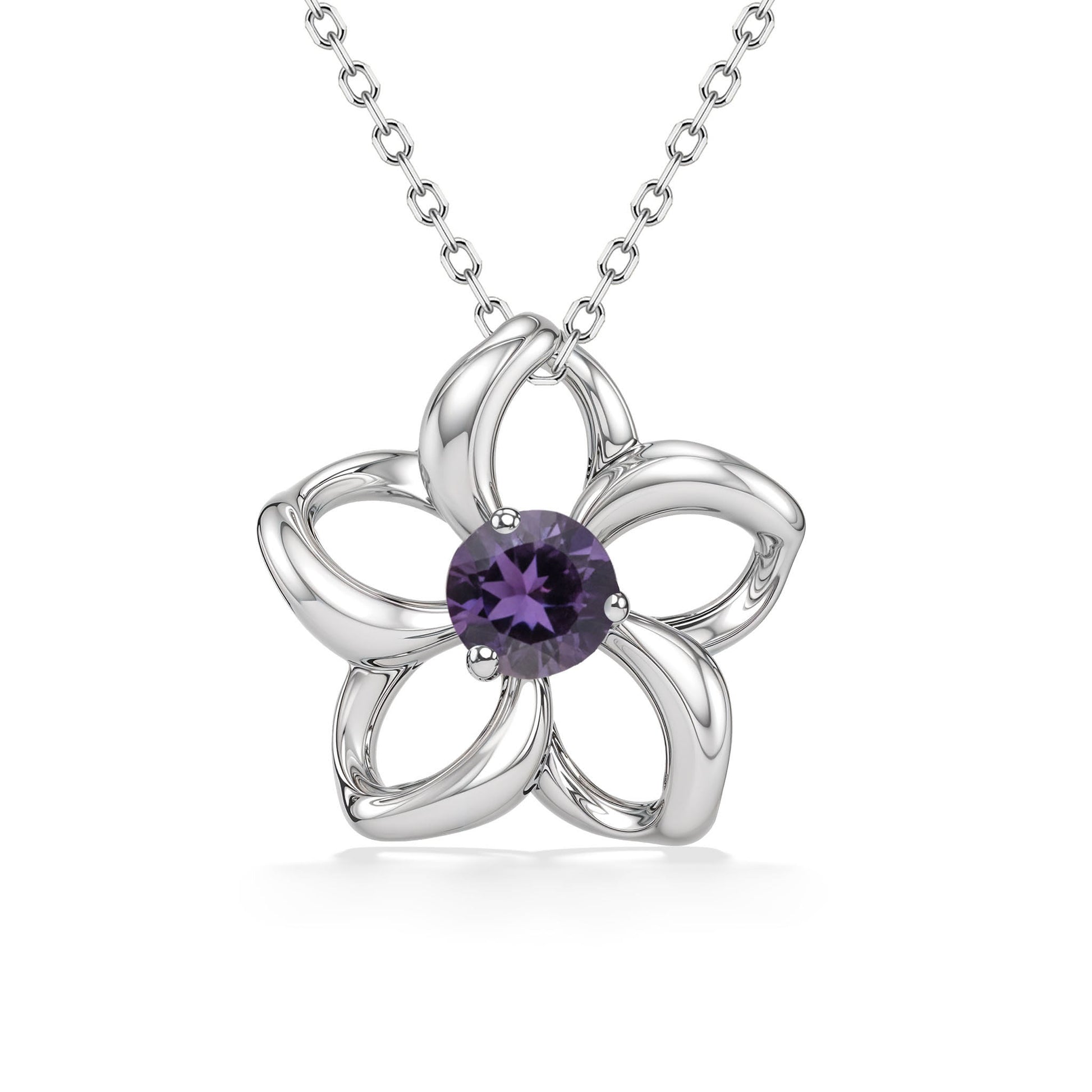Delicate plumeria pendant with hollow petals in white gold and center amethyst gemstone. Item No. 40049
