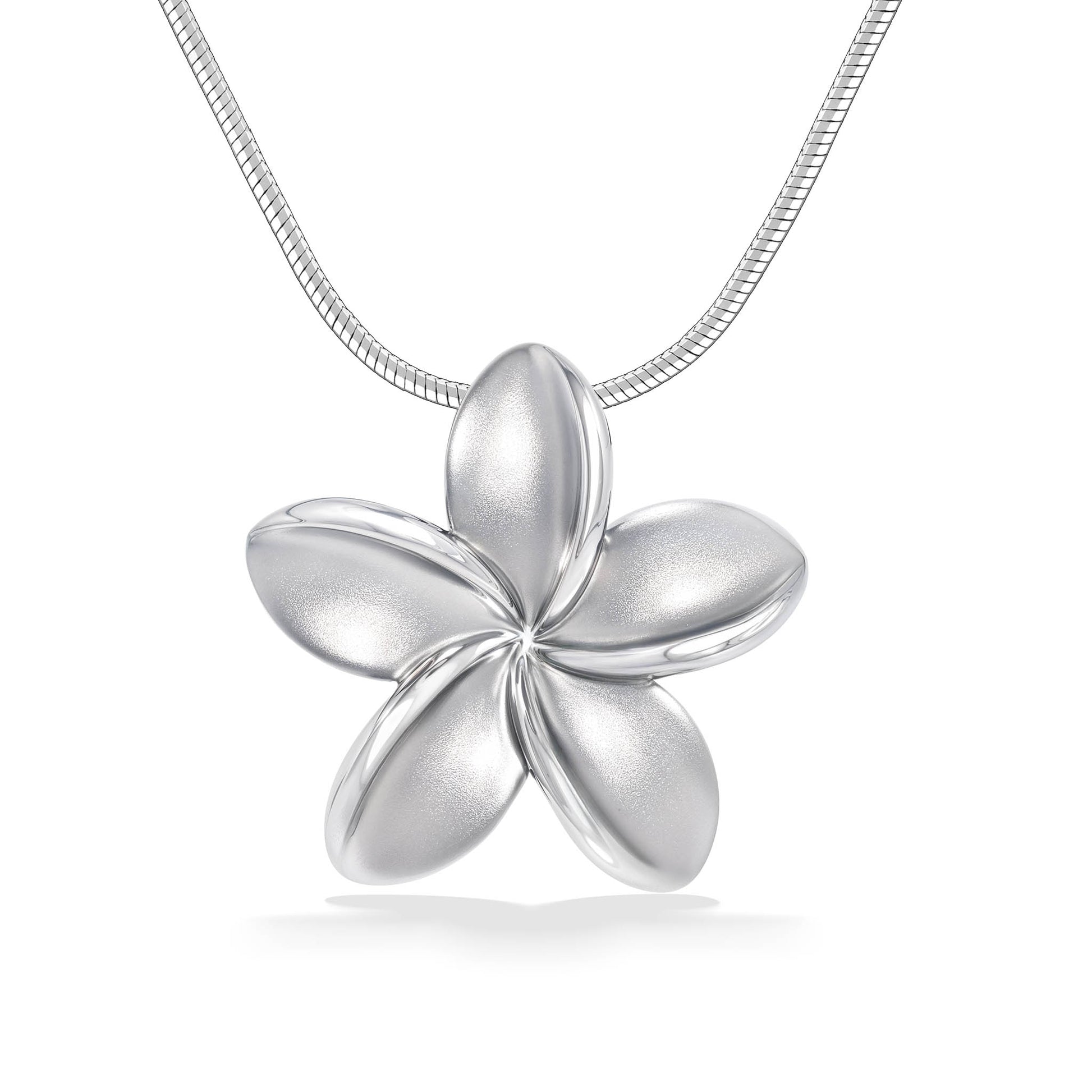 Polished & matte finished sterling silver plumeria pendant on a silver omega round chain. Item No. 40115