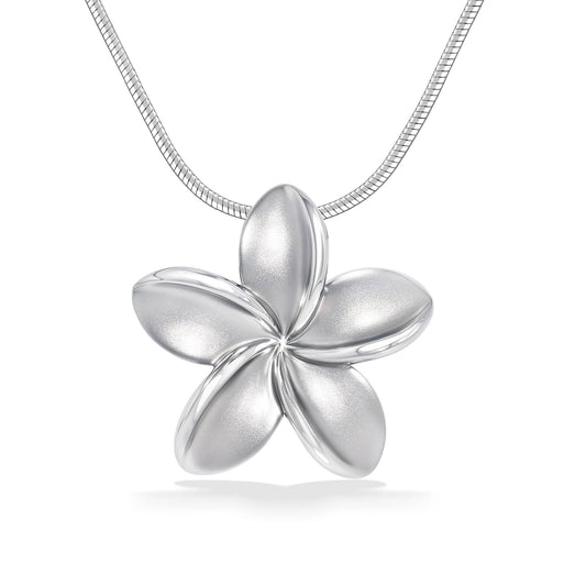 Polished & matte finished sterling silver plumeria pendant on a silver omega round chain. Item No. 40115