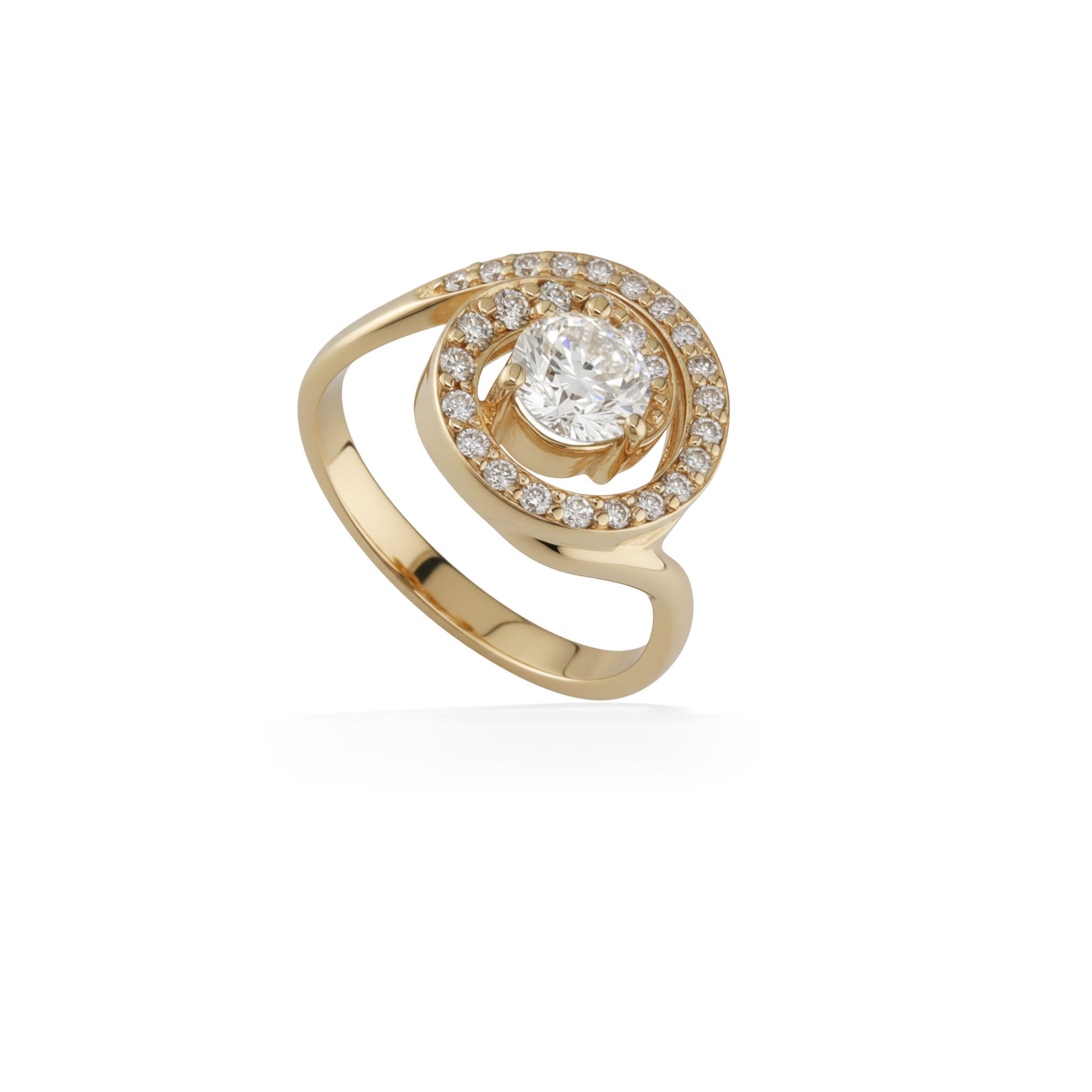 Wave-like ring with a 0.75ct center diamond set in yellow gold, wrapped in a swirl of pavé-set round diamonds. Item No. 40136