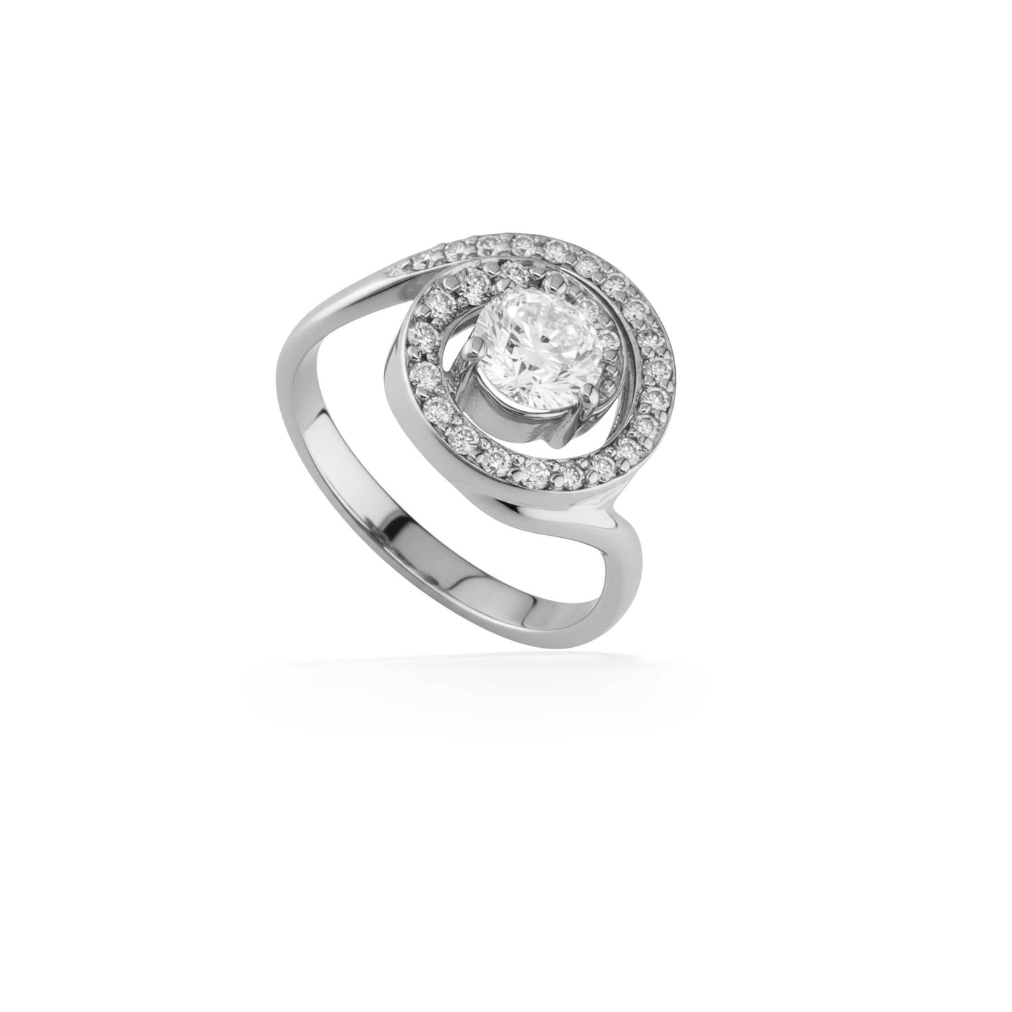 Cool 14k white gold forms a flowing wave around a 0.75ct diamond, framed by a halo of shimmering accents. Item No. 40137