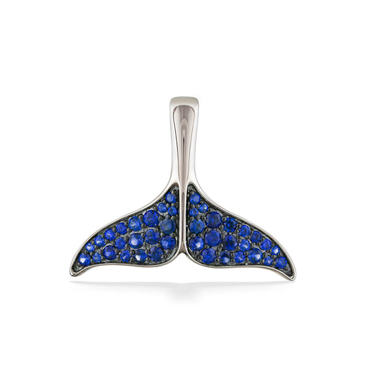 Refined whale tail pendant with stunning pavé-set blue sapphire fluke, made in 14k white gold. Item No. 40153