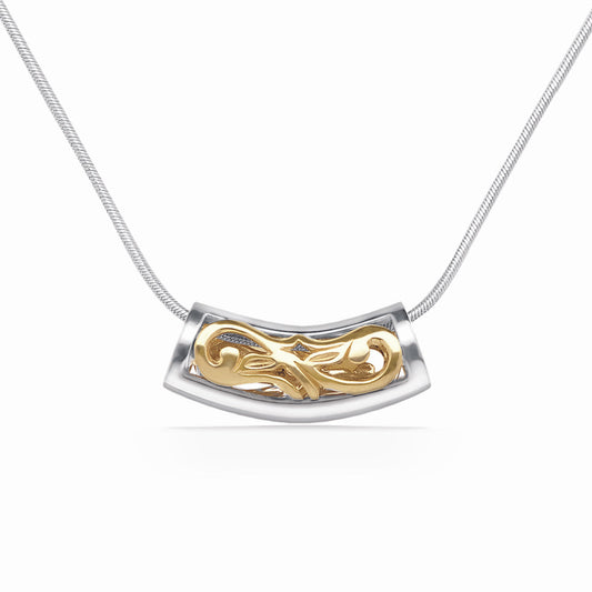 A curved slide pendant blends polished silver with flowing gold accents, suspended from a sleek snake chain. Item No. 40201