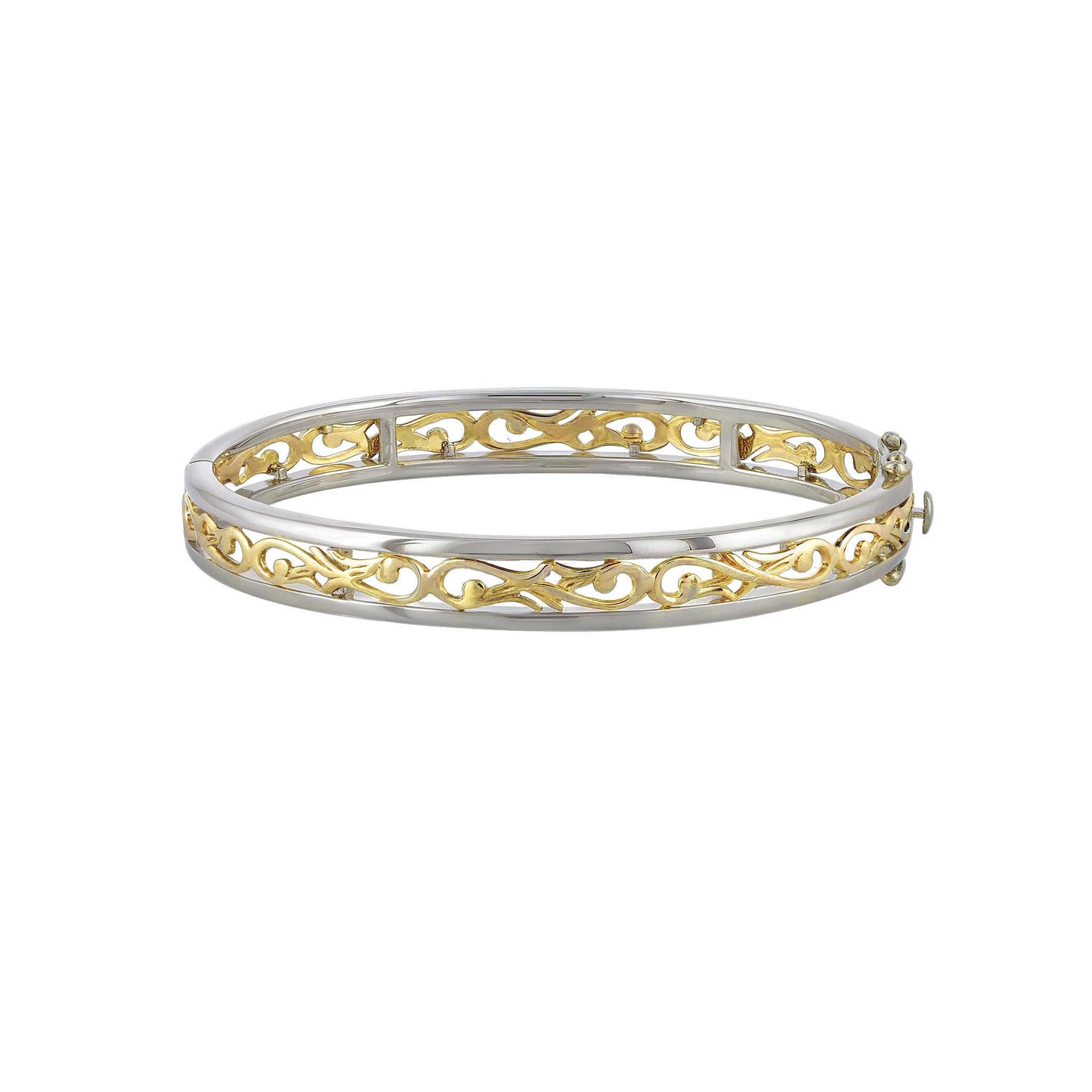 Hinged bangle made in 14K white gold & a centered 14k yellow gold Nalani design. Open box clasp on right side. Item No. 40216