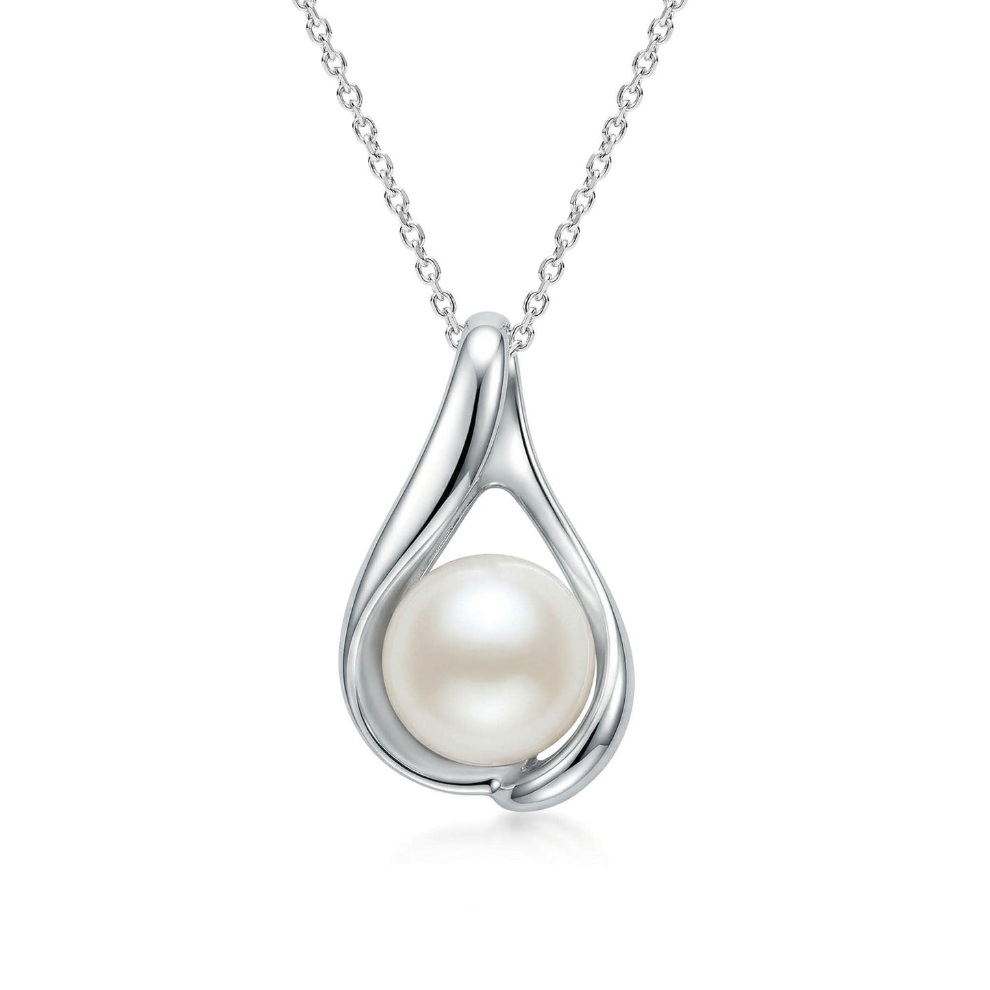 Sleek white gold pendant showcasing a luminous white Akoya pearl nestled within a polished embrace design. Item No. 40408