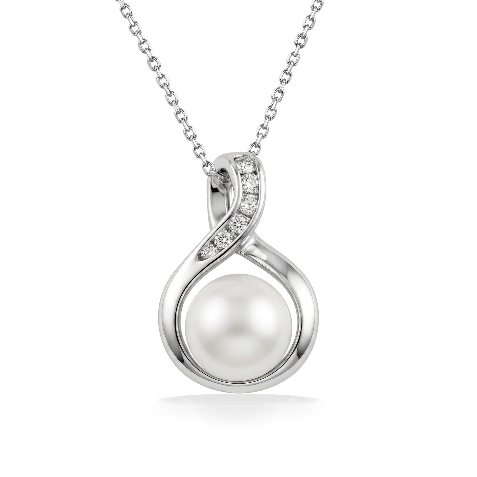 Contemporary white gold pendant with an Akoya pearl and diamond accents set along a flowing infinity loop. Item No. 40410