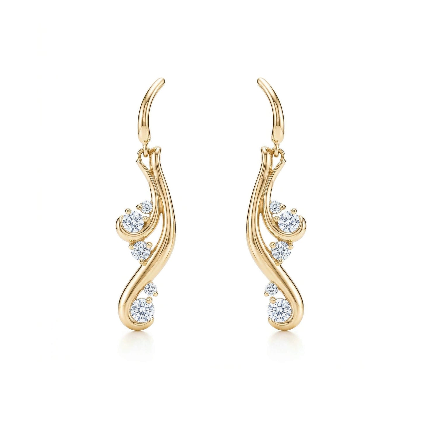 Gold waterfall-inspired earrings with cascading silhouette of a waterfall and 8 sparkly diamonds. Item No. 40436