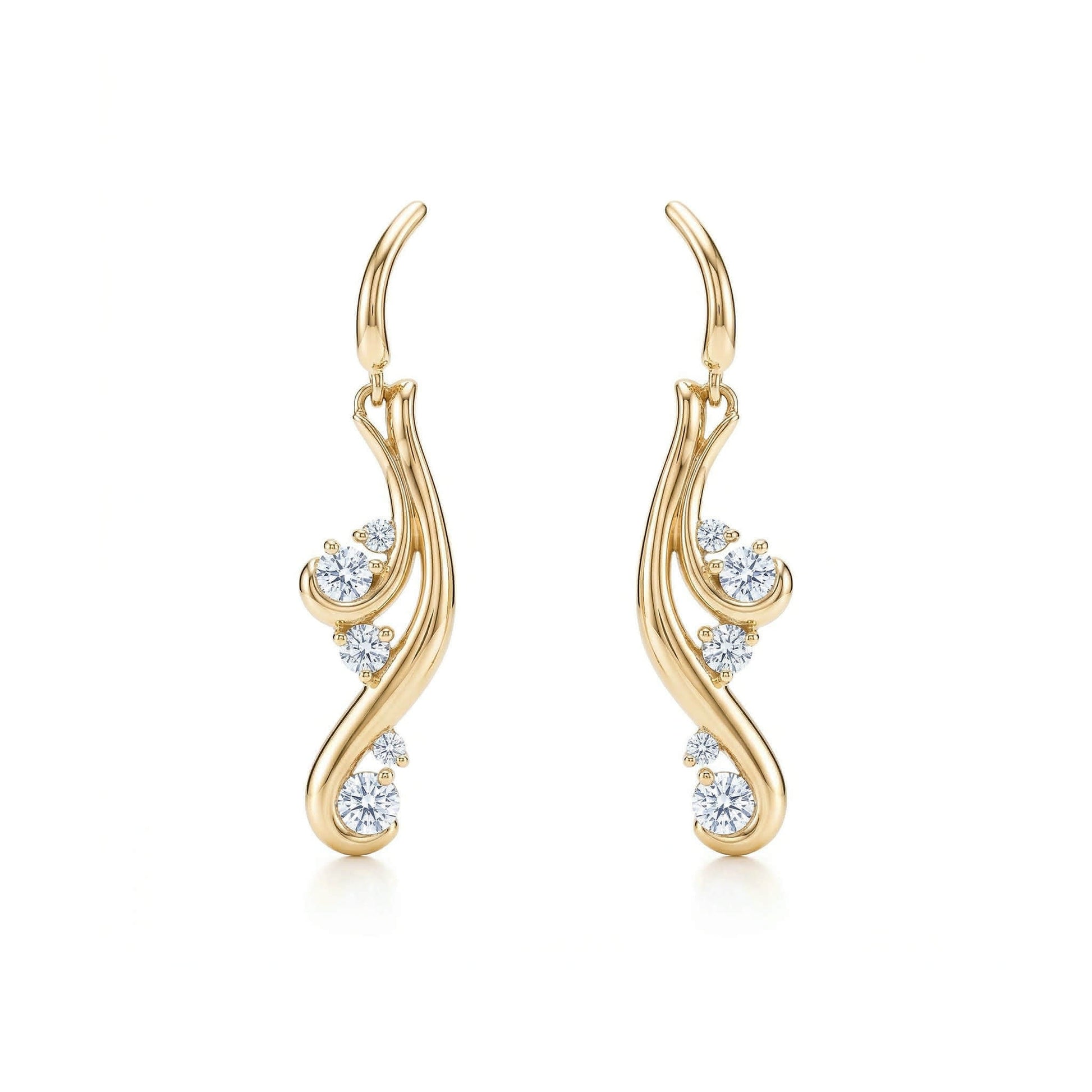 Gold waterfall-inspired earrings with cascading silhouette of a waterfall and 8 sparkly diamonds. Item No. 40436