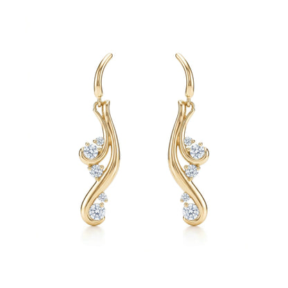 Gold waterfall-inspired earrings with cascading silhouette of a waterfall and 8 sparkly diamonds. Item No. 40436