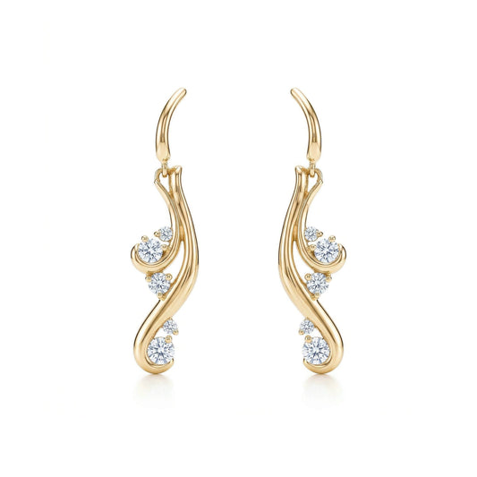 Gold waterfall-inspired earrings with cascading silhouette of a waterfall and 8 sparkly diamonds. Item No. 40436