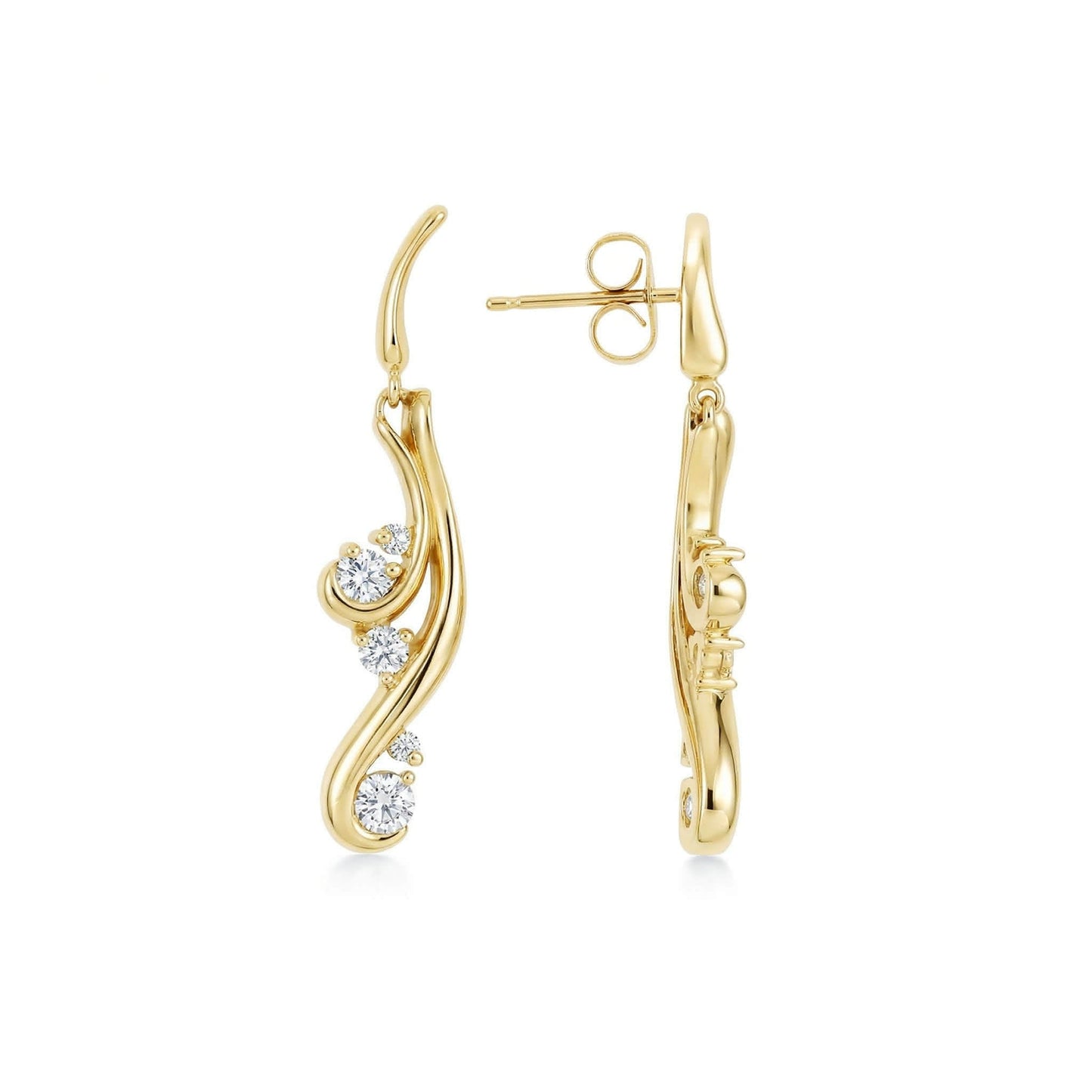 Waterfall earrings set in yellow gold with partial view of the right side, showing the earnuts. Item No. 40436