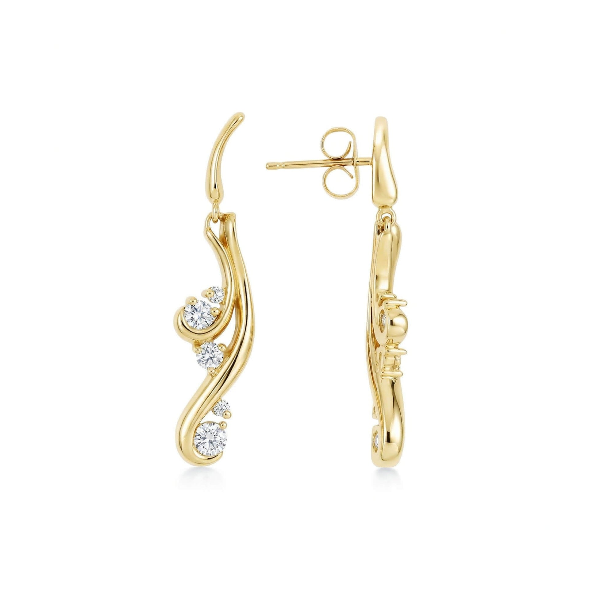 Waterfall earrings set in yellow gold with partial view of the right side, showing the earnuts. Item No. 40436