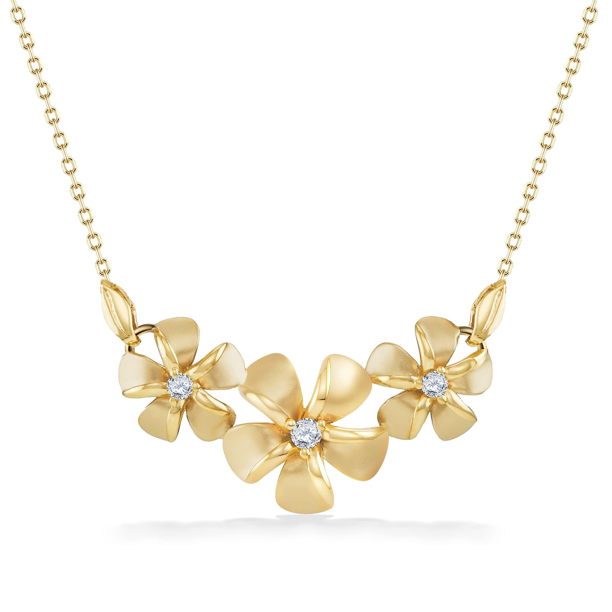 Three Plumeria Necklace–14K Gold & Center Diamonds–Na Hoku