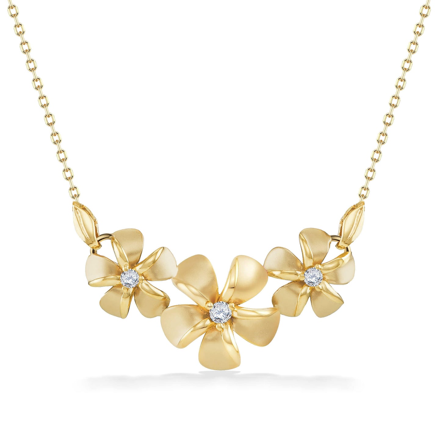 Triple plumeria necklace with center diamonds set in 14k yellow gold with sculpted petals and leaf details. Item No. 19673