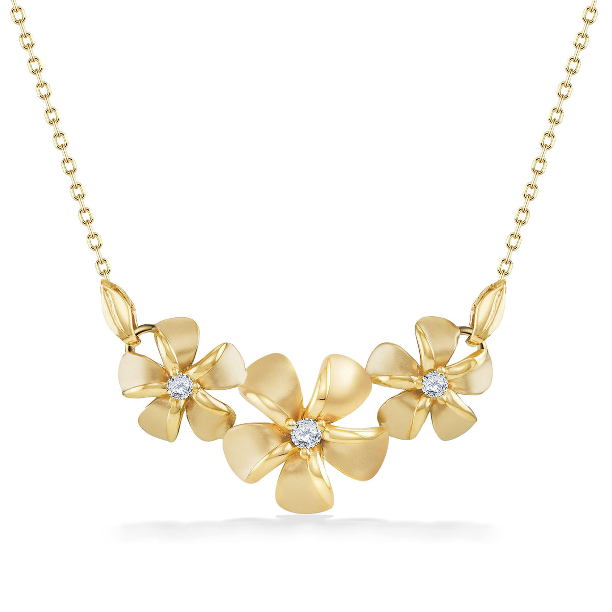 Three Plumeria Necklace–14K Gold & Center Diamonds–Na Hoku