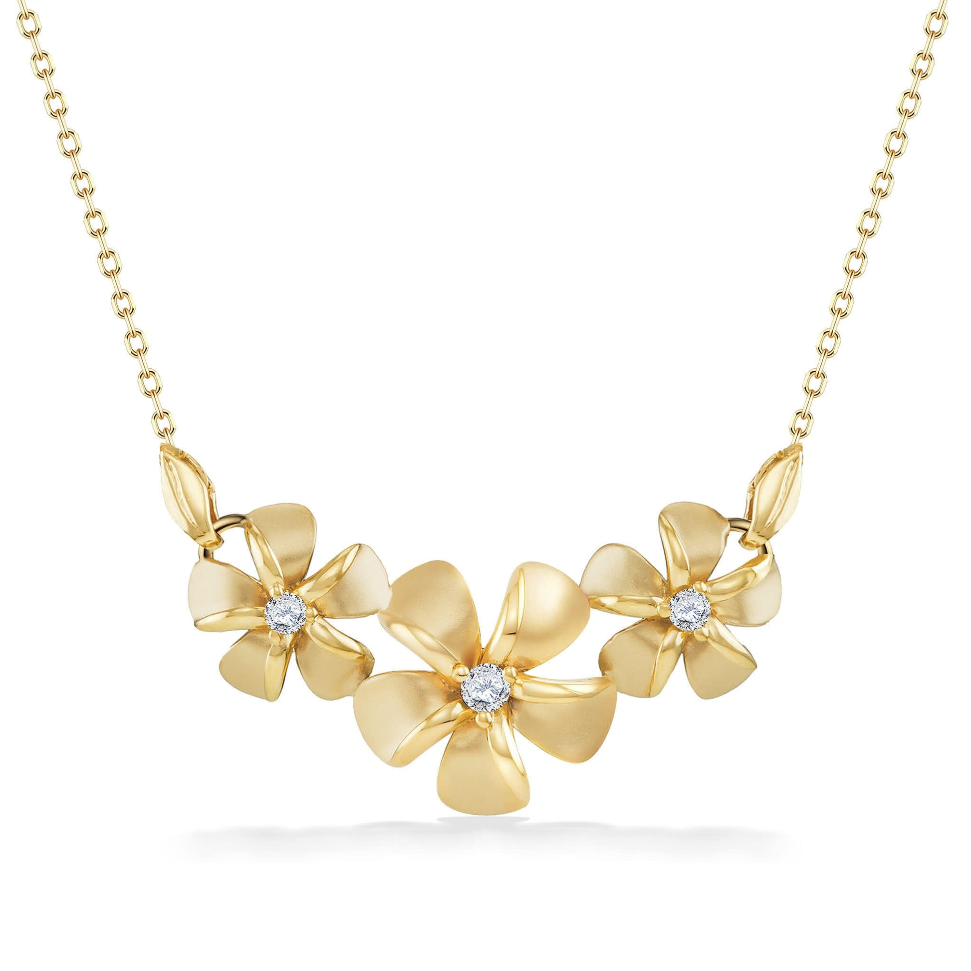 Triple plumeria necklace with center diamonds set in 14k yellow gold with sculpted petals and leaf details. Item No. 19673
