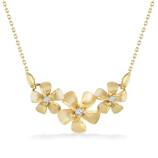 Triple plumeria necklace with center diamonds set in 14k yellow gold with sculpted petals and leaf details. Item No. 19673