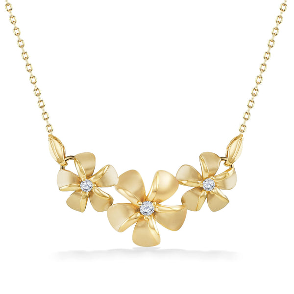 Three Plumeria Necklace–14K Gold & Center Diamonds–Na Hoku