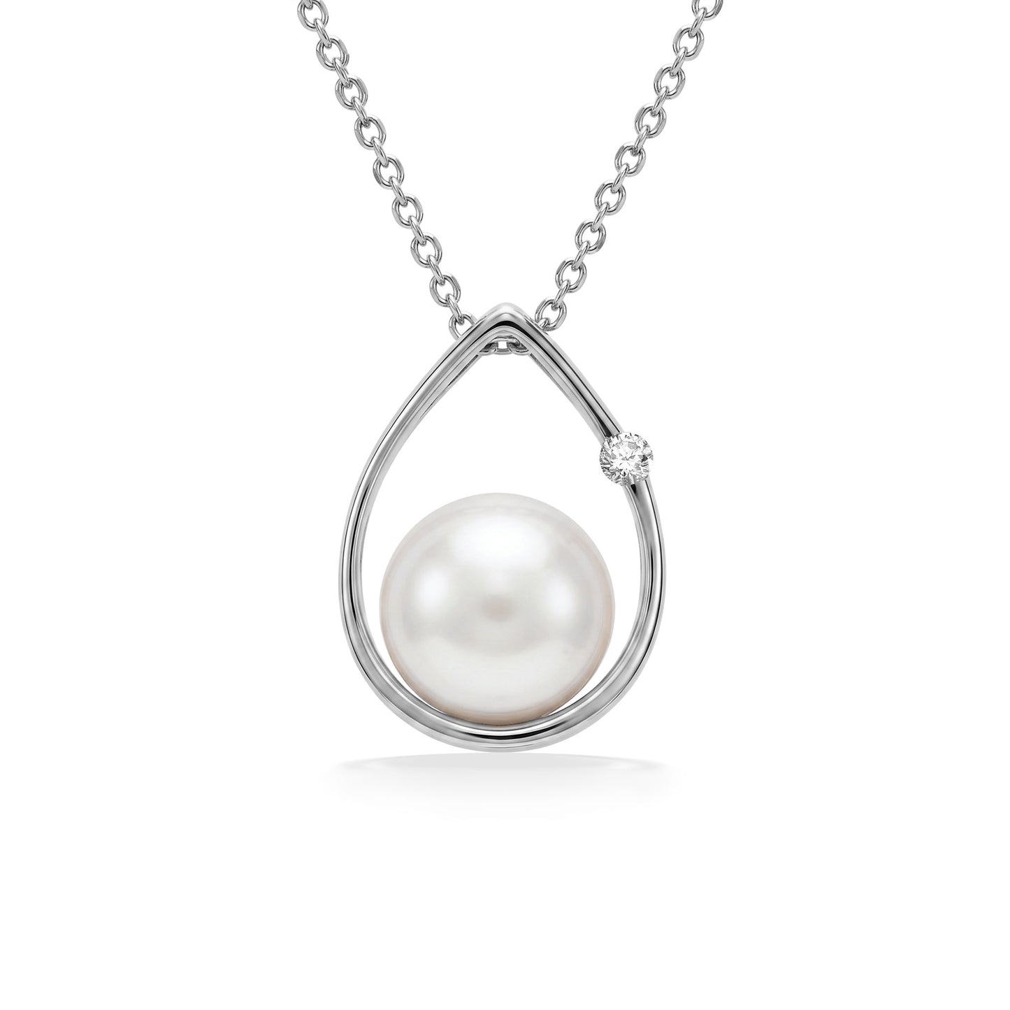 White gold necklace featuring a minimalist raindrop pendant with a centered akoya pearl and diamond highlight. Item No. 19592
