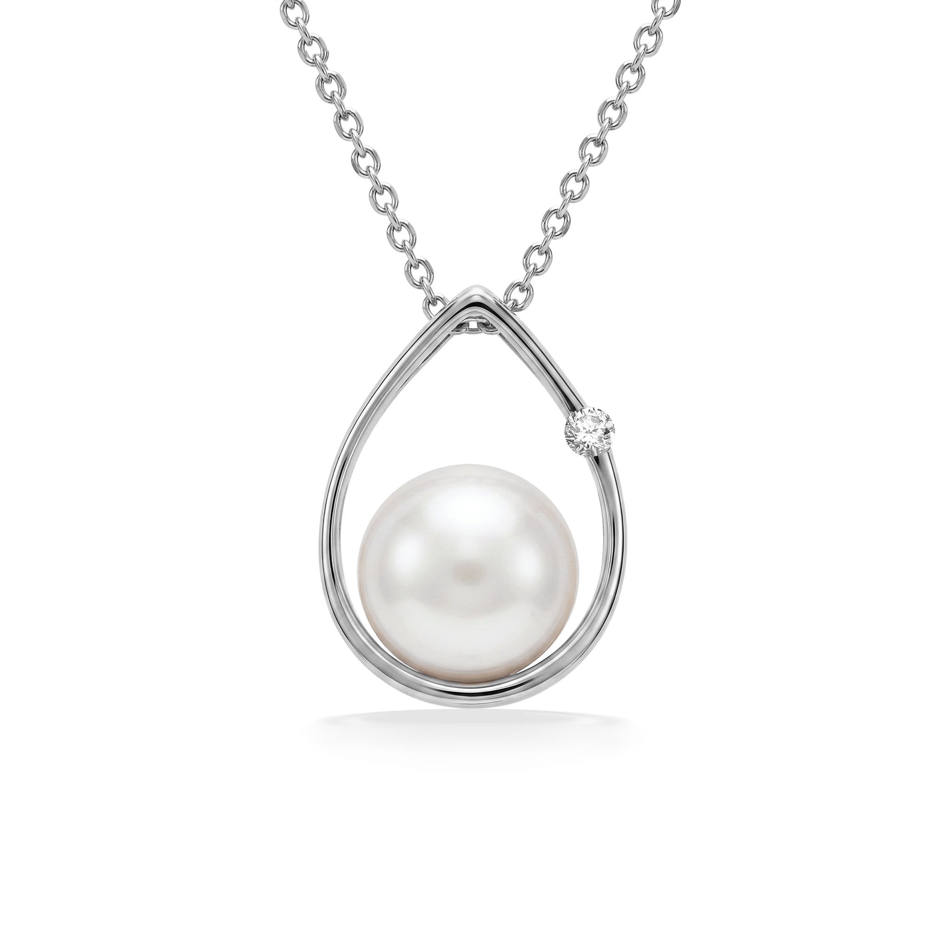White gold necklace featuring a minimalist raindrop pendant with a centered akoya pearl and diamond highlight. Item No. 19592