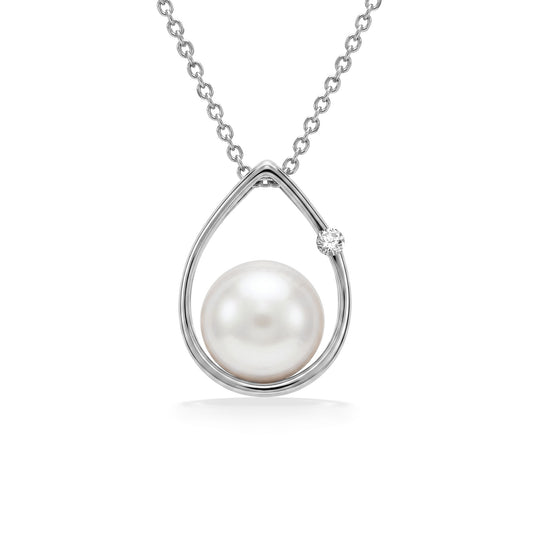 White gold necklace featuring a minimalist raindrop pendant with a centered akoya pearl and diamond highlight. Item No. 19592