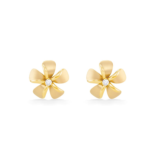 Iconic plumeria stud earrings made in 14k yellow gold with matte petals & shiny center diamond. Item No. 19908