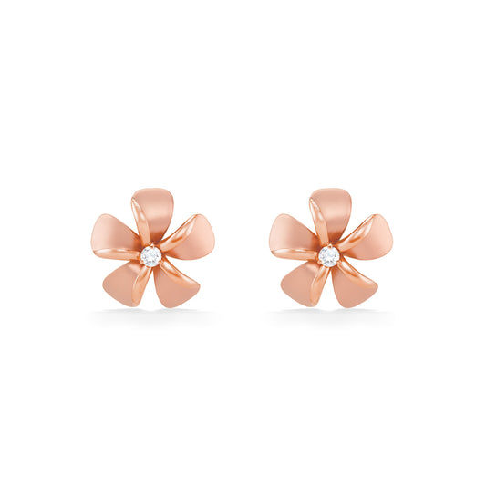 Rose gold plumeria stud earrings with matte petals, showcasing a shiny center diamond. Item No. 19910