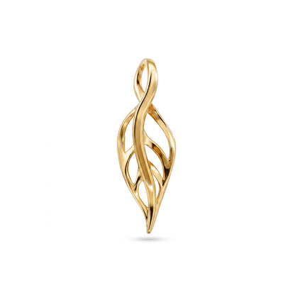 Graceful 14K yellow gold Maile leaf pendant with flowing openwork design, measuring 1 1/16 inches long. Item No. 19911