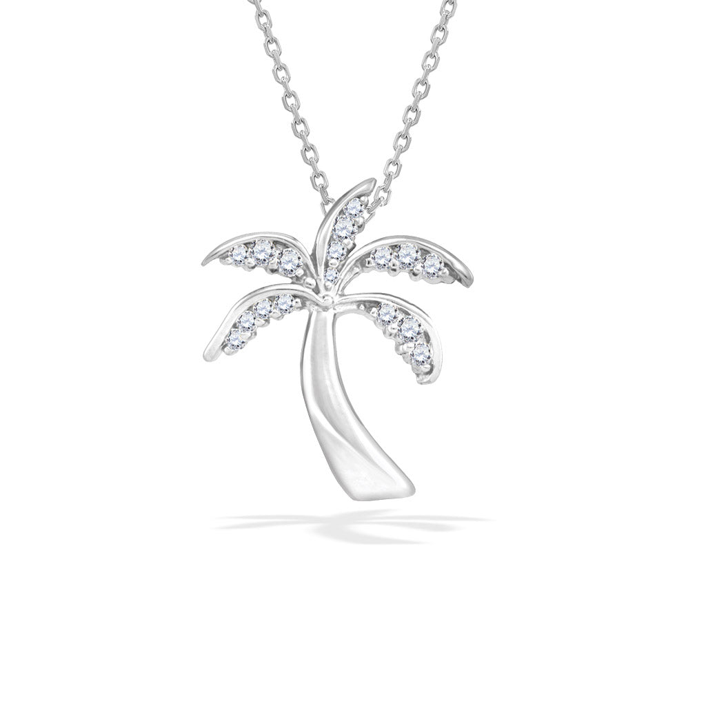 White gold petite palm tree pendant adorned with 0.11 carats of diamonds on a 17-inch chain. Item No. 19918