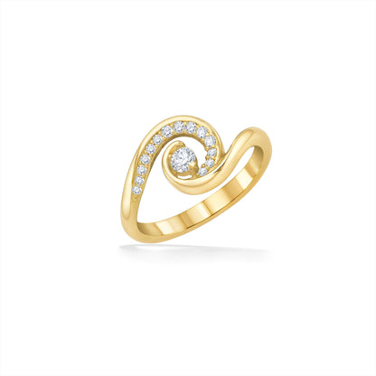 Yellow gold ring with a modern reinterpretation of Hawaii's waves, with diamond accents and diamond center. Item No. 19930