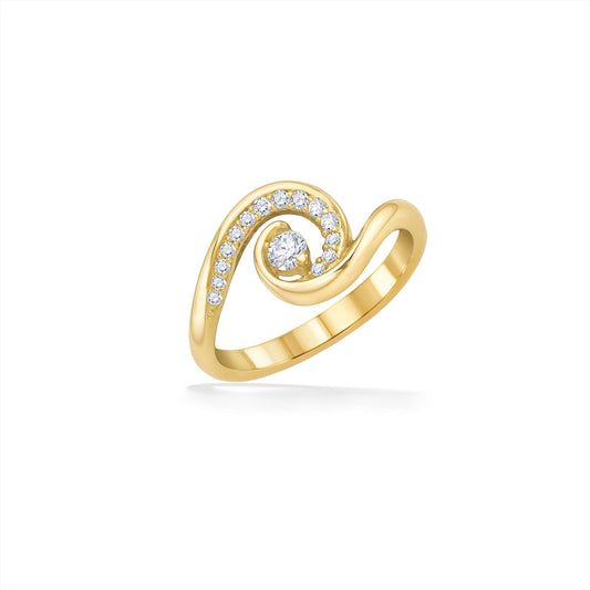 Yellow gold ring with a modern reinterpretation of Hawaii's waves, with diamond accents and diamond center. Item No. 19930