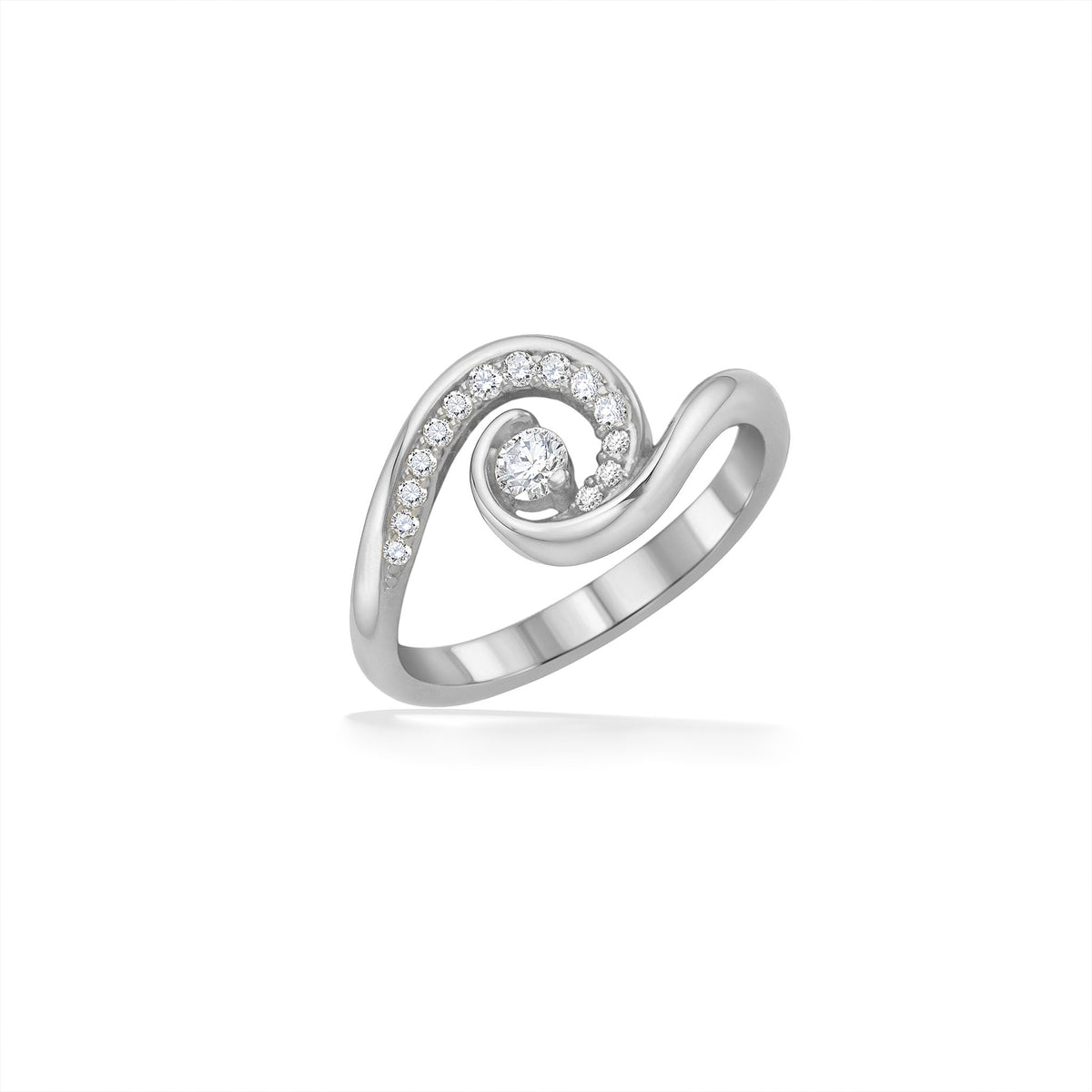 Wave inspired ring with 0.20 ctw diamond accent and 0.10 ct center diamond set in 14K white gold. Item No. 19931