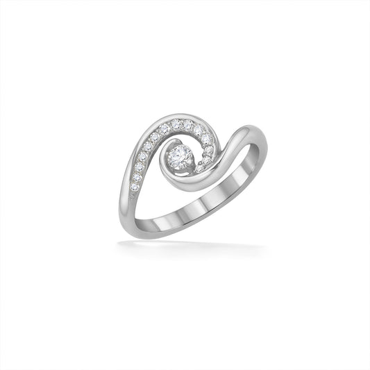 Wave inspired ring with 0.20 ctw diamond accent and 0.10 ct center diamond set in 14K white gold. Item No. 19931