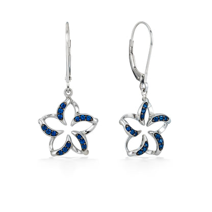 White gold floating plumeria drop leverbacks with blue sapphire accents, designed in an open petal silhouette. Item No. 19938