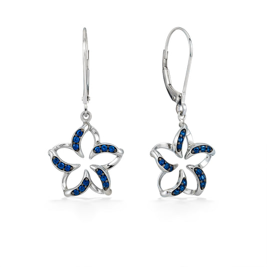 White gold floating plumeria drop leverbacks with blue sapphire accents, designed in an open petal silhouette. Item No. 19938