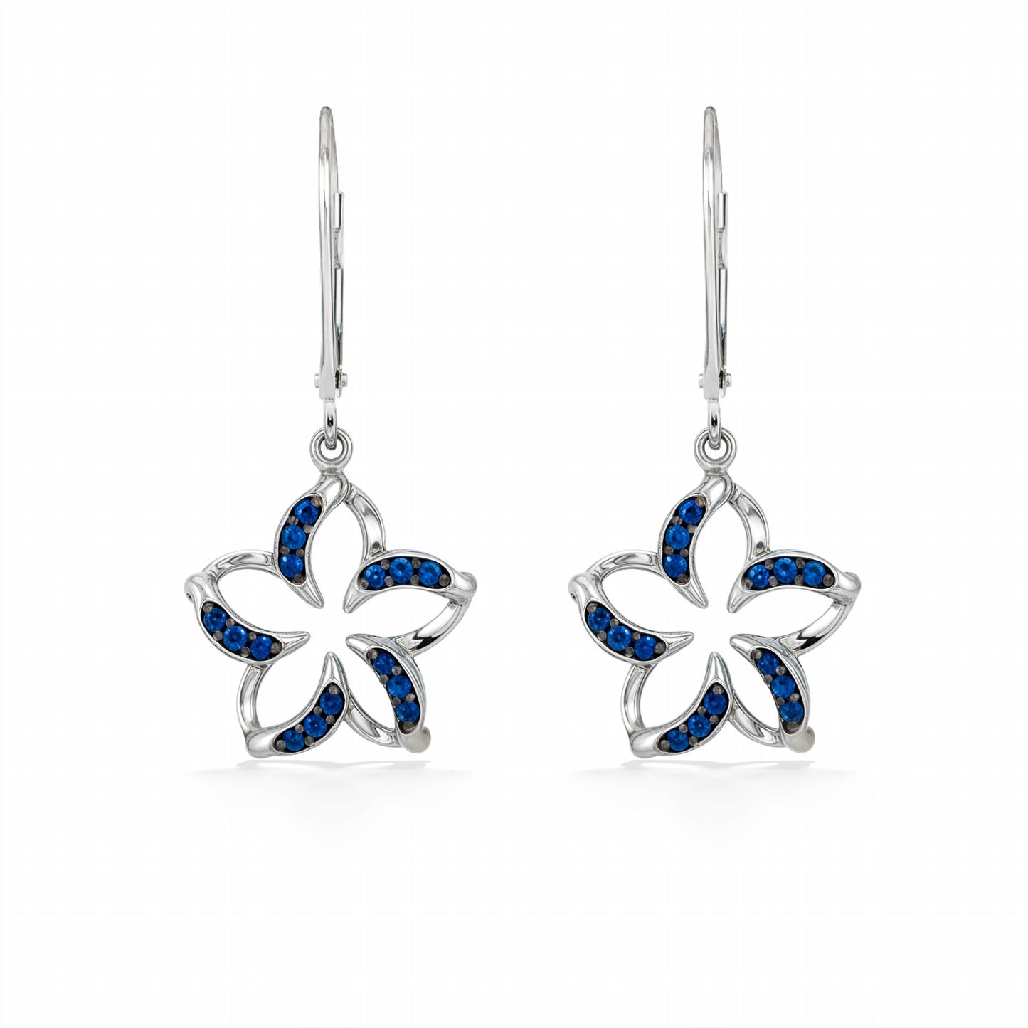 Elegant white gold floating plumeria leverbacks, featuring curved petals set with vivid blue sapphire stones. Item No. 19938