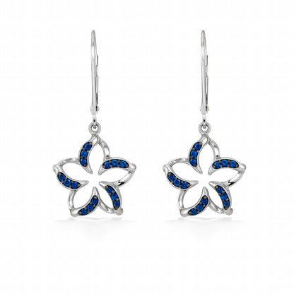 Elegant white gold floating plumeria leverbacks, featuring curved petals set with vivid blue sapphire stones. Item No. 19938