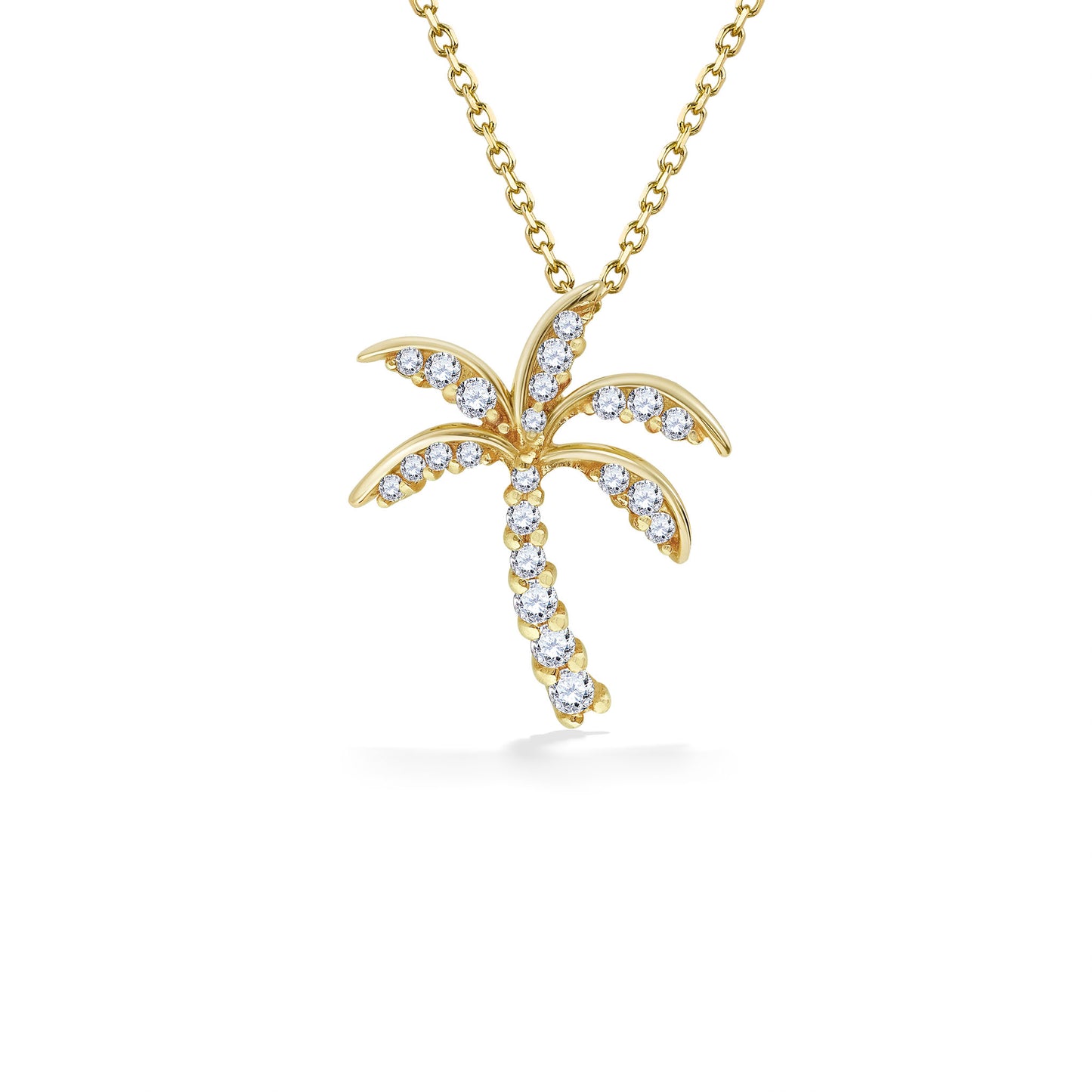 Palm Tree Pendant (21mm in length) with Pavé Diamonds and chain set in 14K Yellow Gold. Item No. 10875