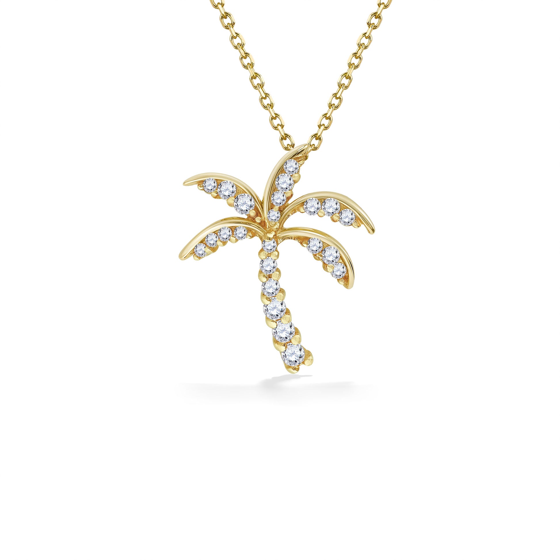 Palm Tree Pendant (21mm in length) with Pavé Diamonds and chain set in 14K Yellow Gold. Item No. 10875